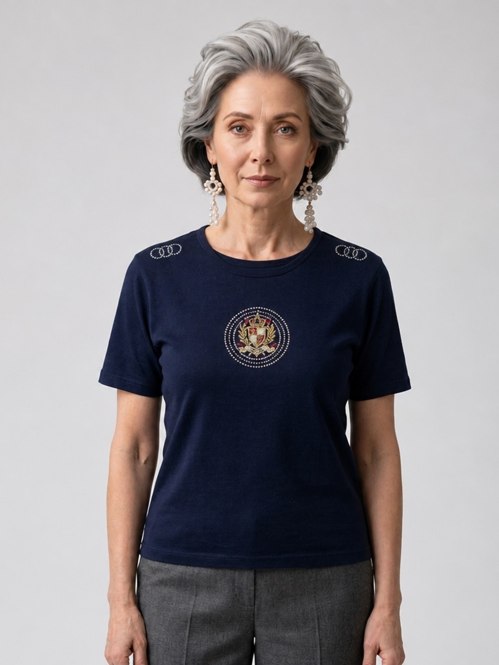 Christine Alexander Golf Crest Rhinestone T-Shirt Navy Blue Womens Large Vintage